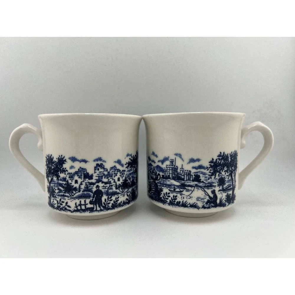 Vintage Blue & White Cottage Glossy Bone China Pastoral‎ Chinoiserie Coffee Cups